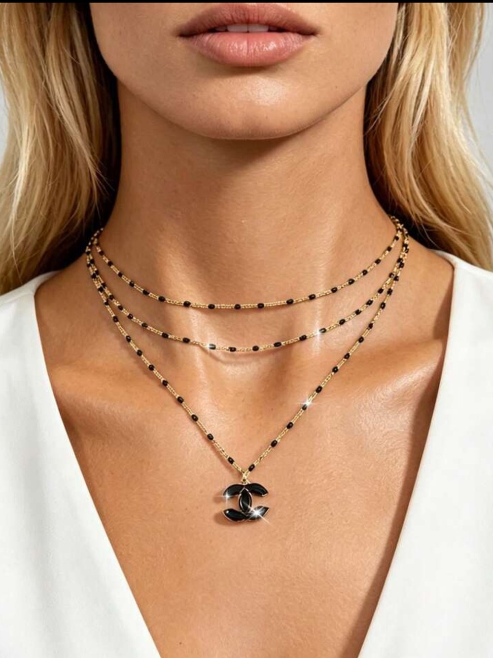 CC pendant on Gold and Black Beaded  Set of 3 Layered Necklaces